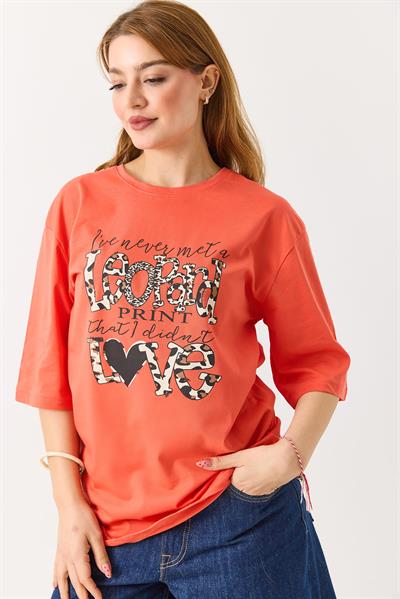 Kadın  Bisiklet Yaka Rahat Kesim Kısa Kol Tshirt Turuncu