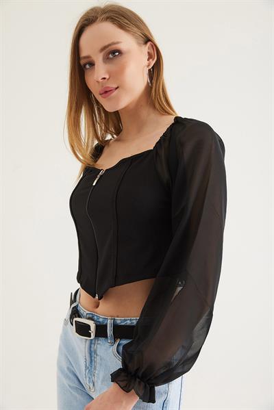 Kare Yaka Kolları Tül Detaylı Fermuarlı Bluz Siyah