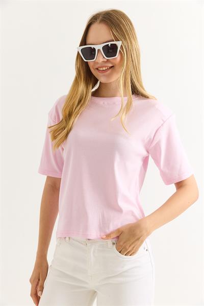 Vatkalı Bisiklet Yaka Basic Tshirt Açık Pembe