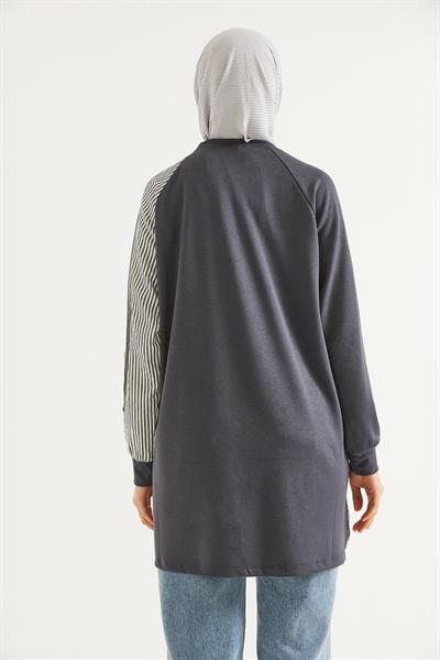 Kolu Ve Eteği Gömlek Garnili Tunik  Gri
