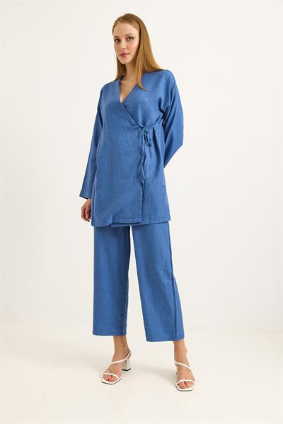 Yandan Bağlamalı Kimono Pantolon İkili Takım Mavi
