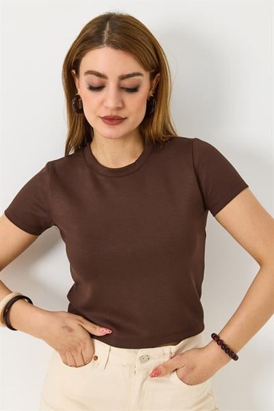 Kadın Bisiklet Yaka Düz Crop Bluz Kahverengi