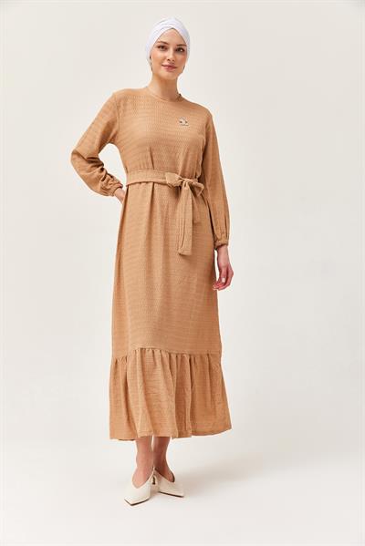 Kuşaklı Kat Keten Elbise Vizon