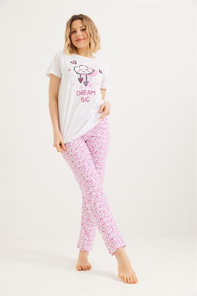 Baskılı Kısa Kol Pijama Takım Beyaz