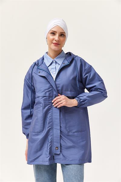 Çıtçıtlı Kapüşonlu Yağmurluk Mavi
