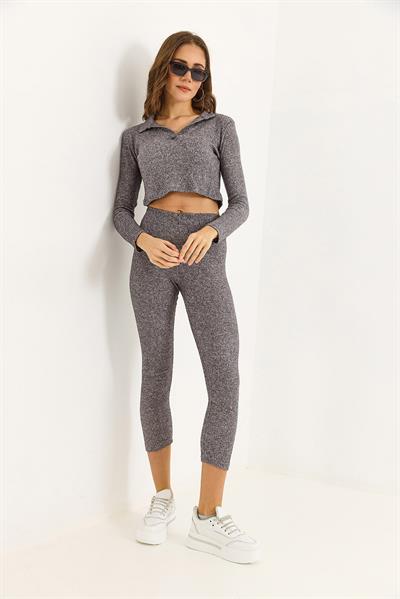 Kadın Polo Yaka İkili Fitilli Takım Gri