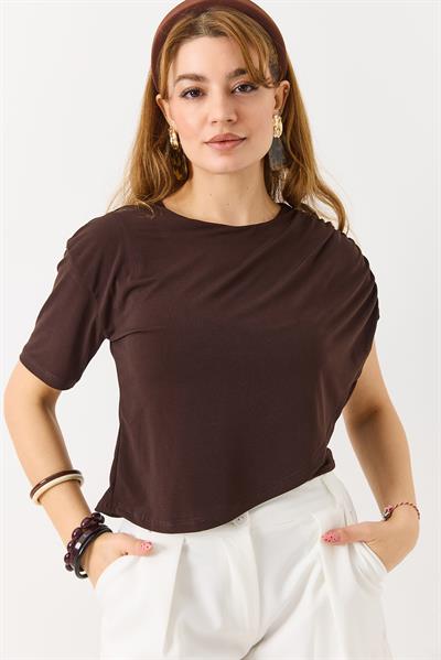 Kadın Sandy Pelerinli Yarım Kollu  Bluz Kahverengi