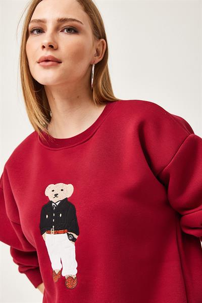 Oversize Nakışlı Sweatshirt Bordo