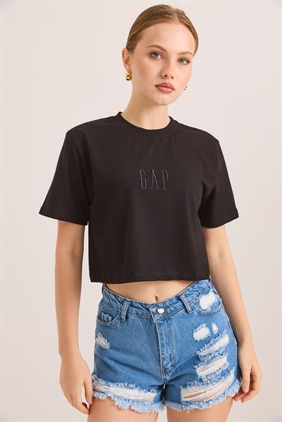 Nakışlı Örme Pamuk Crop Tshirt Siyah