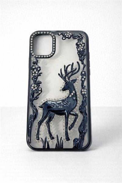 İphone 15 Pro Uyumlu Geyik ve Çiçek Kabartmalı Kılıf Lacivert