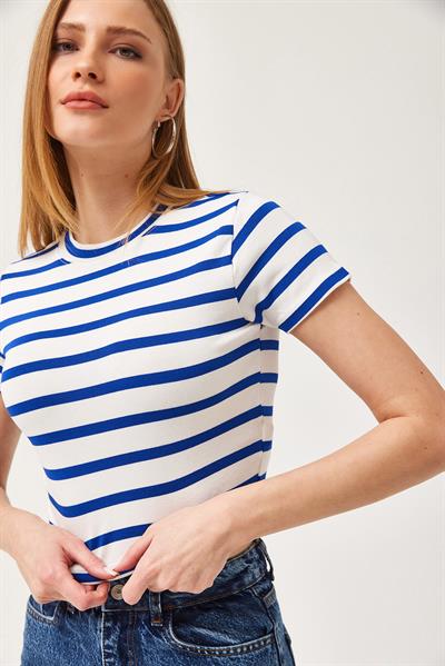 Çizgili Bisiklet Yaka Crop Bluz Mavi