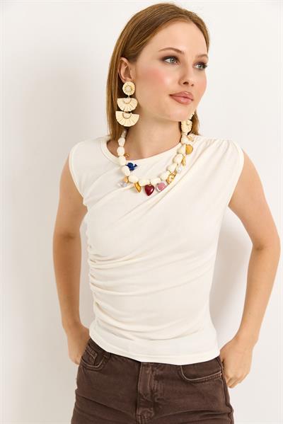 Yanları Büzgülü Pamuk Örme Bluz Beyaz