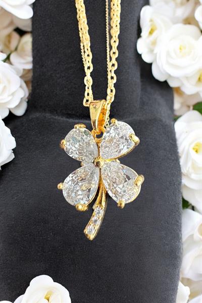 Zincir Taşlı Yonca Kolye Gold