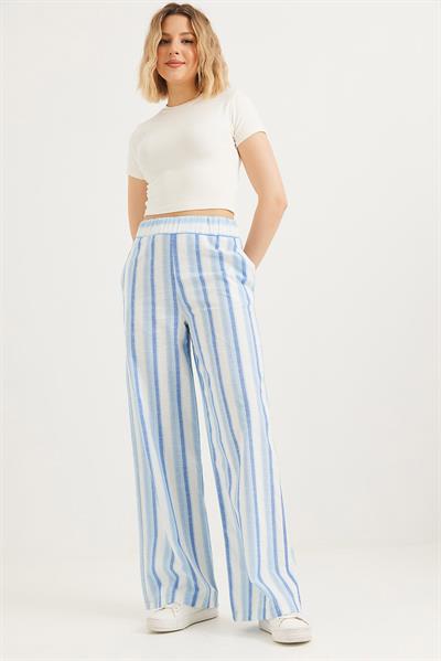 Beli Lastikli Rahat Kesim Keten Pantolon Mavi