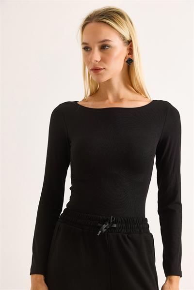 Geniş Yaka Rahat Uzun Kollu Bluz Siyah