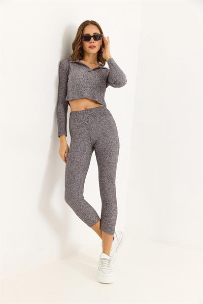 Kadın Polo Yaka İkili Fitilli Takım Gri