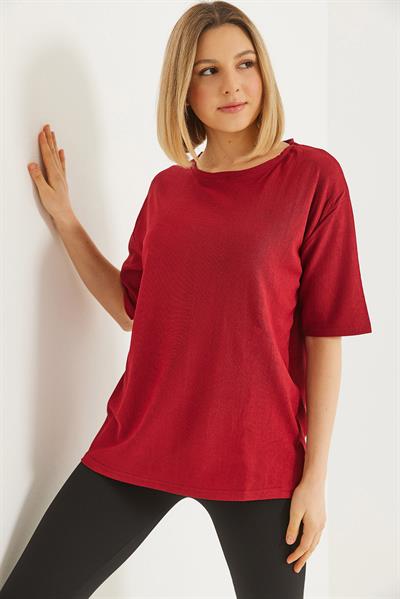 Bisiklet Yaka  Kısa Kol Basic Tshirt Bordo