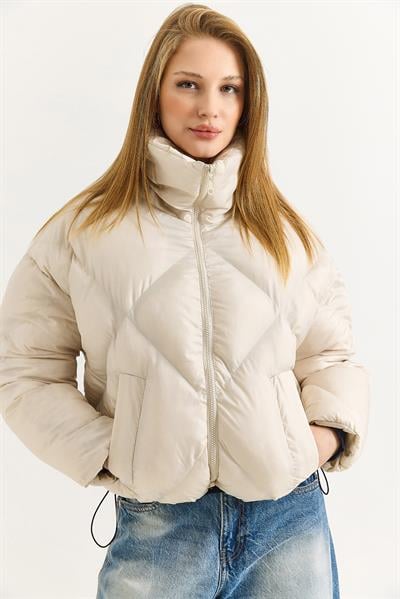 Kadın Oversize Alttan Lastikli Kahverengi Şişme Mont Bej