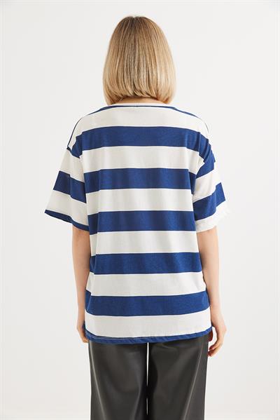 Bisiklet Yaka  Çizgili Basic Tshirt Lacivert