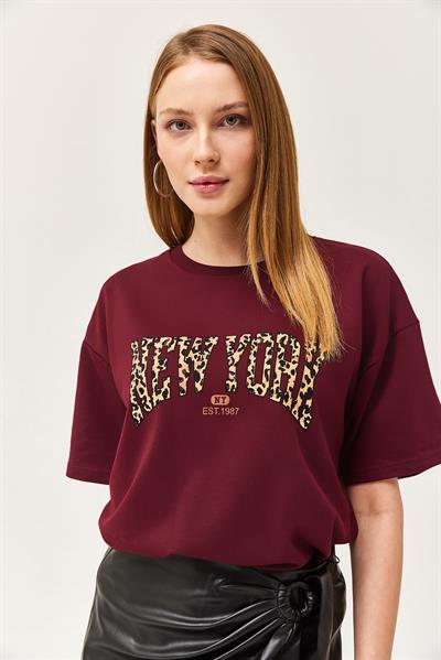 Bisiklet Yaka Oversize Tshirt Bordo