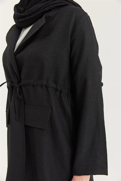 Bel Bağlamalı Ceketli Keten Takım Siyah