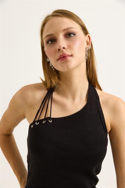 Tek Omuz Boyun Detaylı Triko Bluz Siyah