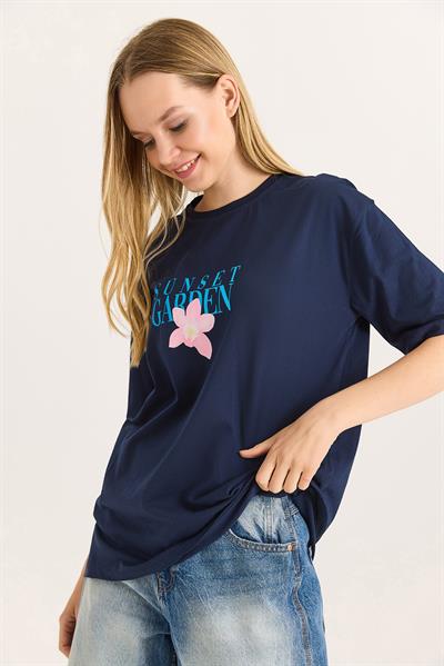 Ön Arka Baskılı Bisiklet Yaka Tshirt Lacivert