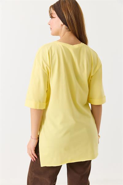 Kadın Figürlü Baskılı Bisiklet Yaka Tshirt Sarı