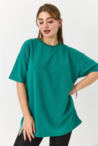 Kadın Bisiklet Yaka Baskısız Düz Bisiklet Yaka Tshirt Koyu Yeşil