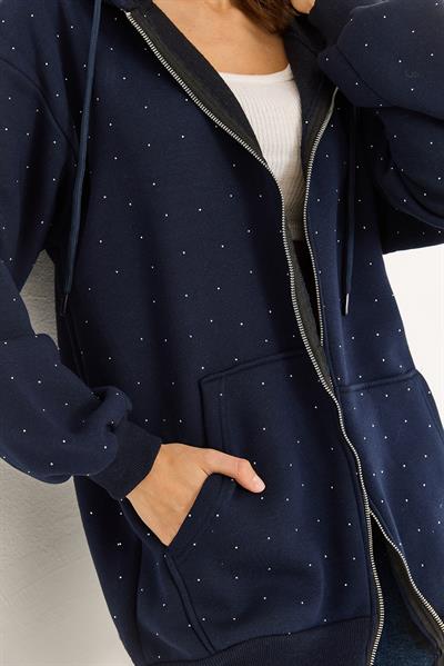 Kadın Taş Detaylı Üç İplik Oversize Kanguru Cep Sweat Hırka