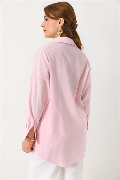Kadın Taş Detaylı Oversize Şık Gömlek Pembe