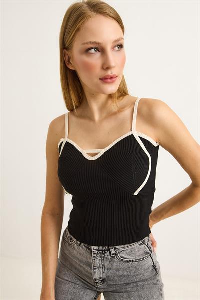 İp Askılı Kadın Triko Crop Bluz Siyah