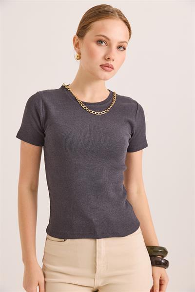 Yuvarlak Yaka Zincir Detaylı Örme Kaşkorse Bluz Füme