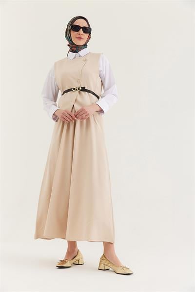 Kemer Detaylı Etekli İkili Takım Krem