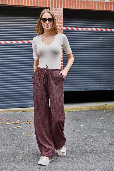 Kadın Bürümcük Salaş Dökümlü Pantalon Kahverengi