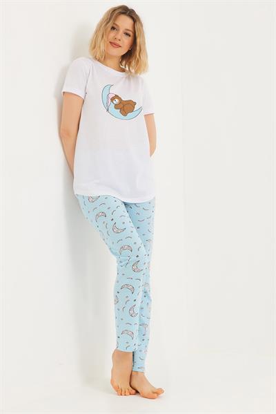 Baskılı Kısa Kol Pijama Takım Beyaz