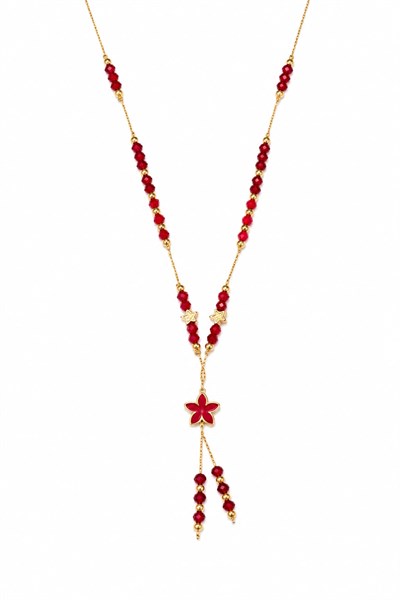 Figürlü Gold Boncuklu Kolye Kırmızı