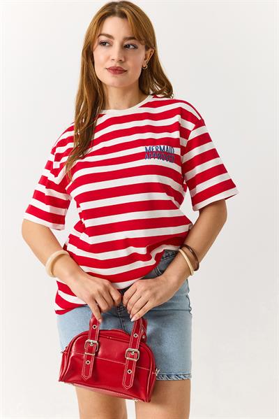 Kadın Çizgili Bisikilet Yaka Yazı İşlemeli Tshirt Kırmızı