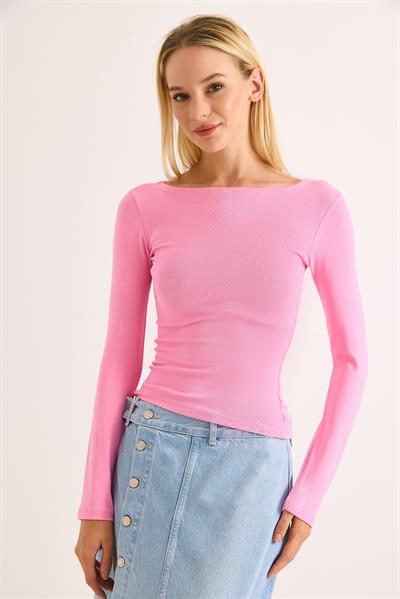 Geniş Yaka Rahat Uzun Kollu Bluz Pembe