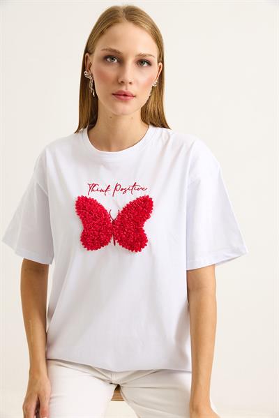 Kelebek Nakış Detaylı Bisiklet Yaka Tshirt Beyaz