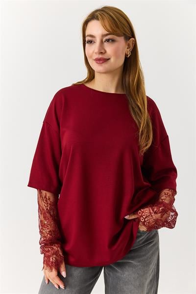 Kadın Kolu Tül Detaylı Oversize Tshirt Bordo