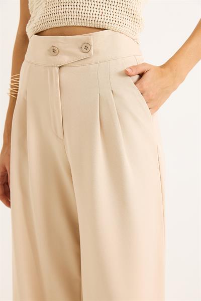 İki Düğmeli Şık Kumaş Geniş Paça  Pantalon  Bej