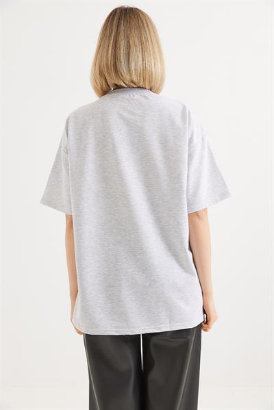 Baskılı Bisiklet Yaka Tshirt Açık Gri