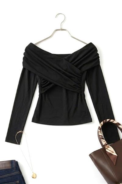 Kadın Drapeli Geniş Yaka Uzun Kollu Bluz Siyah