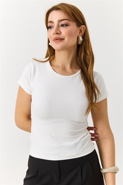 Kadın Basic Bisiklet Yaka Düz Tshirt Beyaz