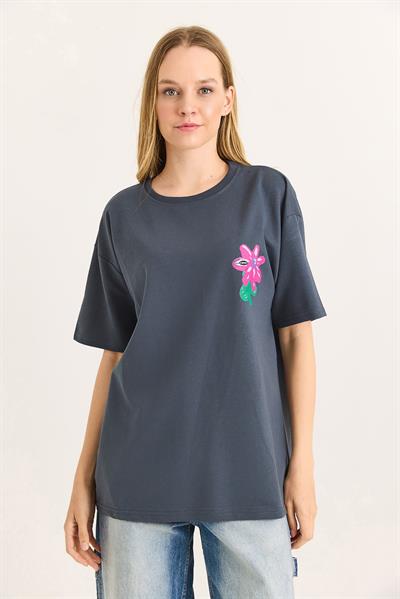 Baskılı Bisiklet Yaka Basic Tshirt Füme