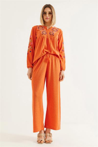 Hera Kumaş Önü ve Kolları İşlemeli İkili Takım Turuncu