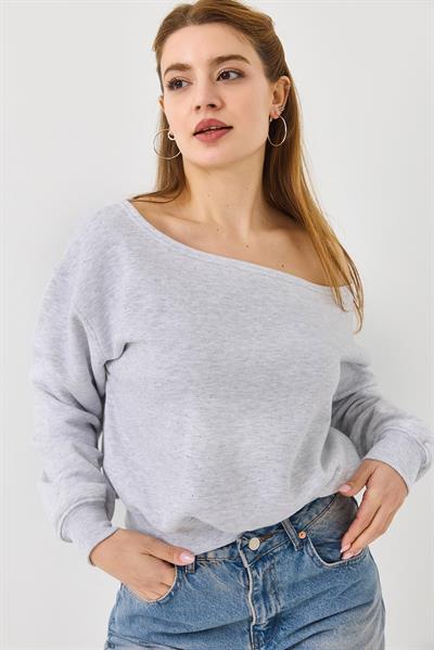 Kadın Gri Kayık Yaka Üç İplik Şardonlu Sweat