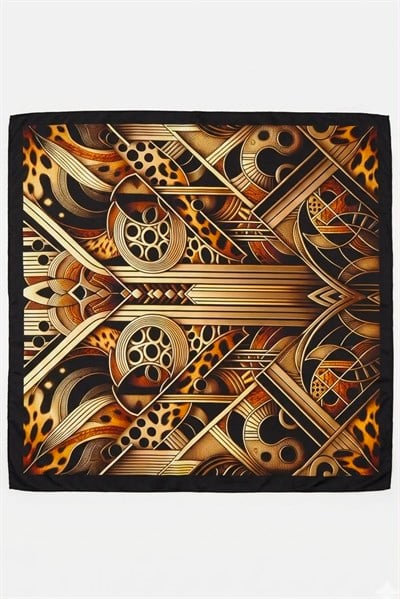 Geometrik Desenli 60X65 Ölçülü Saten Fular Siyah 
