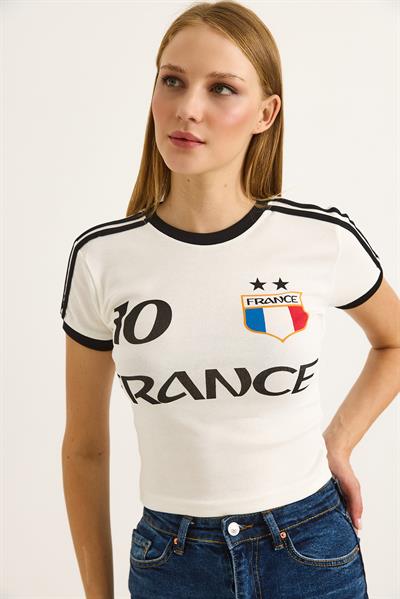 Bisiklet Yaka Baskılı Crop Tshirt Beyaz
